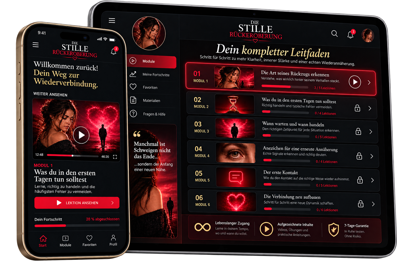 App-Vorschau der stillen Rückgewinnung: Module, Fortschritt und Inhalte